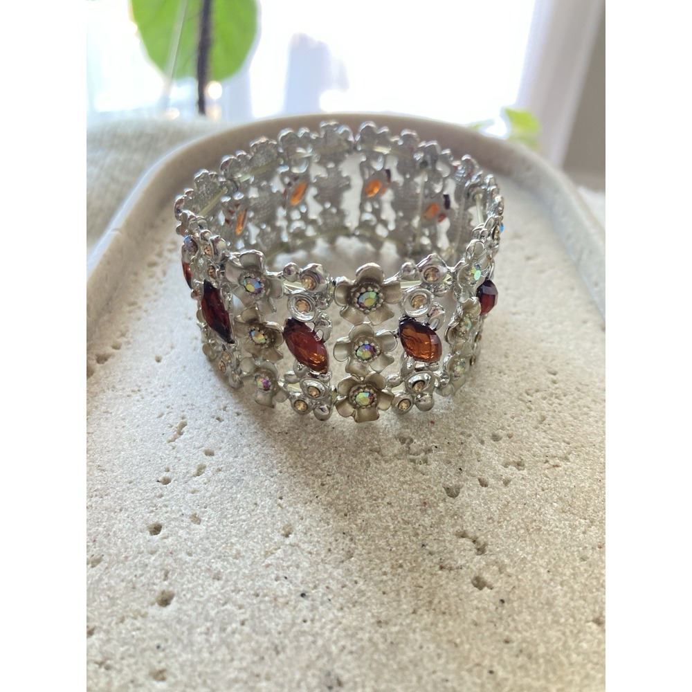 Silver Tone Wide Floral Stretch Bracelet Brown Marquise Rhinestones Boho Bangle